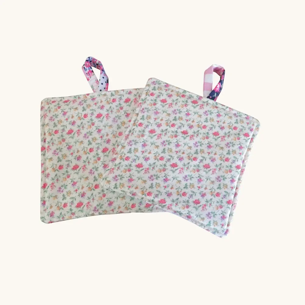 Handmade Potholder, Set of 2, Reversible Patchwork and Floral Hot Pads
